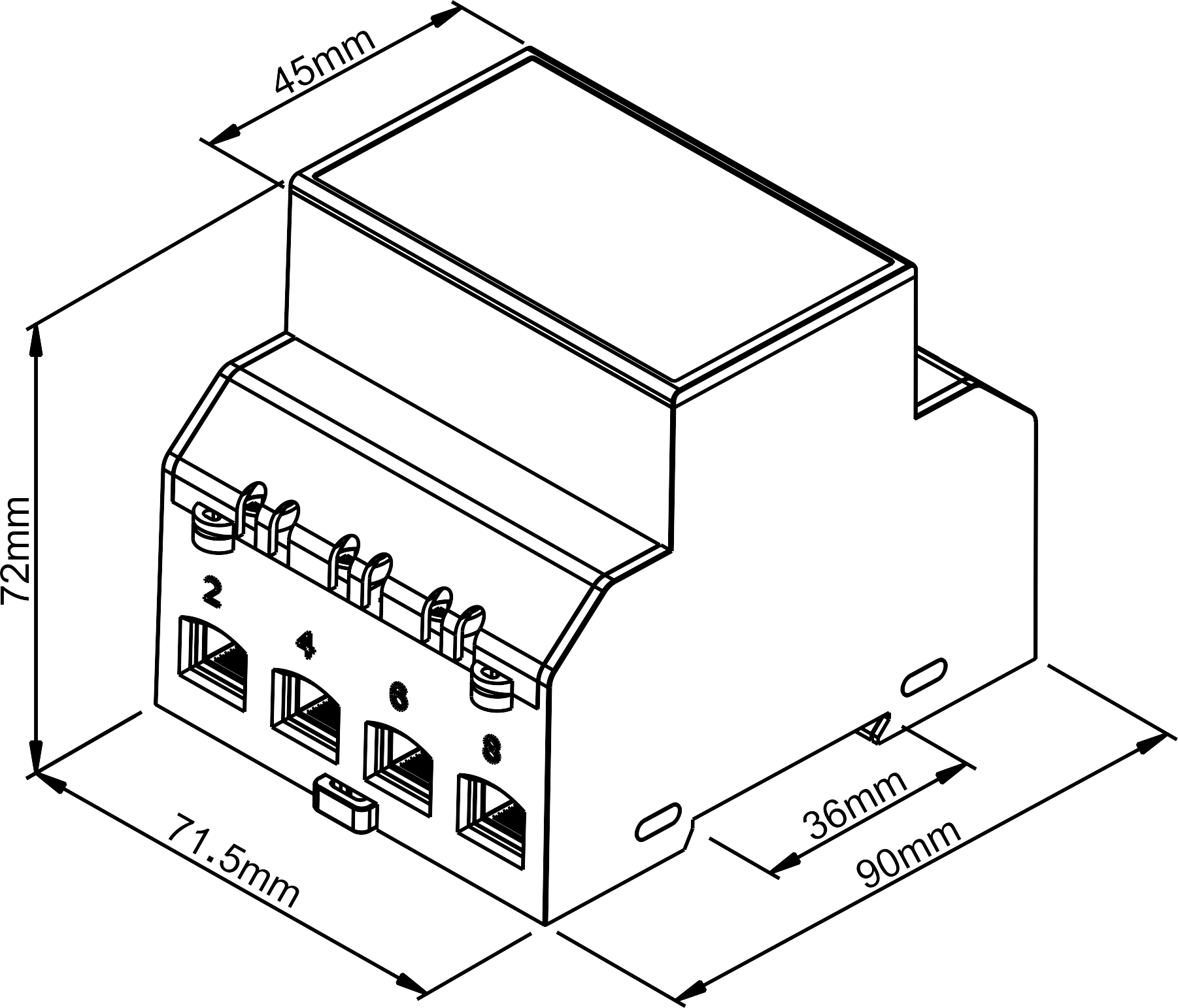 DEM4A00B-1 100 A Three-Phase DIN-Rail Energy Meter with RS485 (Bottom-to-Top Wiring) Dimensions